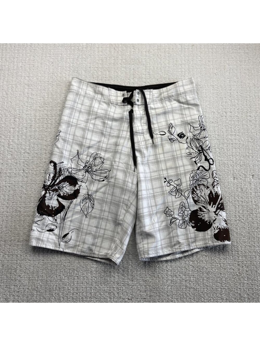 Y2K Island Haze Board Shorts Men Size 34 Plaid Floral Grunge Alt Surfer 2000's